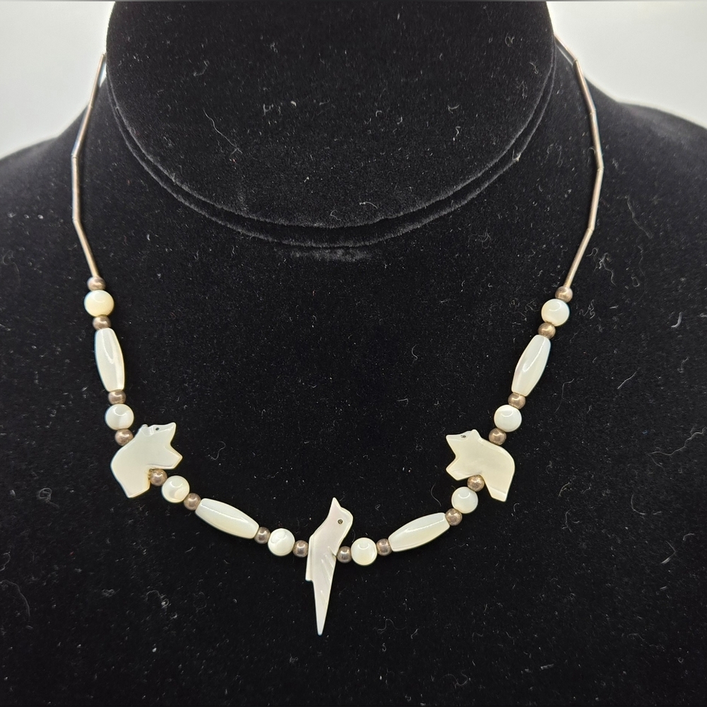 🪀 Mother of Pearl Fetish Necklace Unmarked Liquid Silver & Silver Spacer Beads